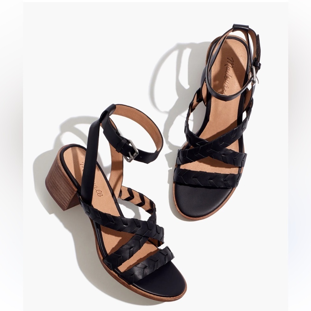 Madewell Marta whipstich black leather block heel with ankle strap